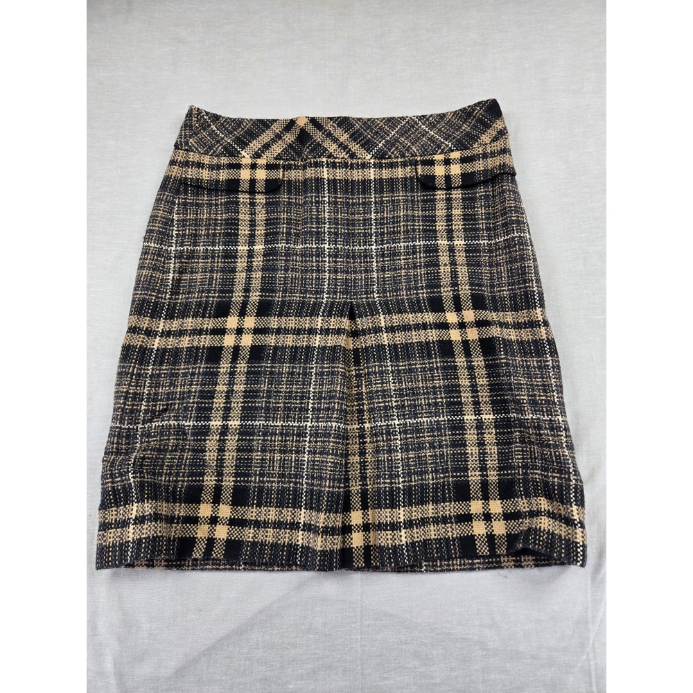 Ann Taylor Wool Blend Plaid Mini Skirt Black Tan Size 12 A-Line Business Casual